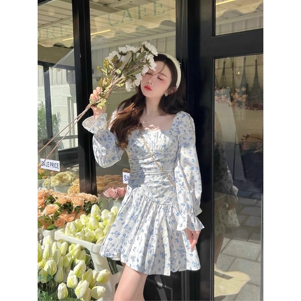 ĐẦM HOA CỔ VUÔNG NHÍU NGỰC TAY LOE