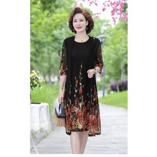 Set đầm dự tiệc trung niên nữ V55, váy voan cho mẹ dáng suông chất đẹp cao cấp sang trọng U40 U50 U60 U70 Bigsize giá rẻ