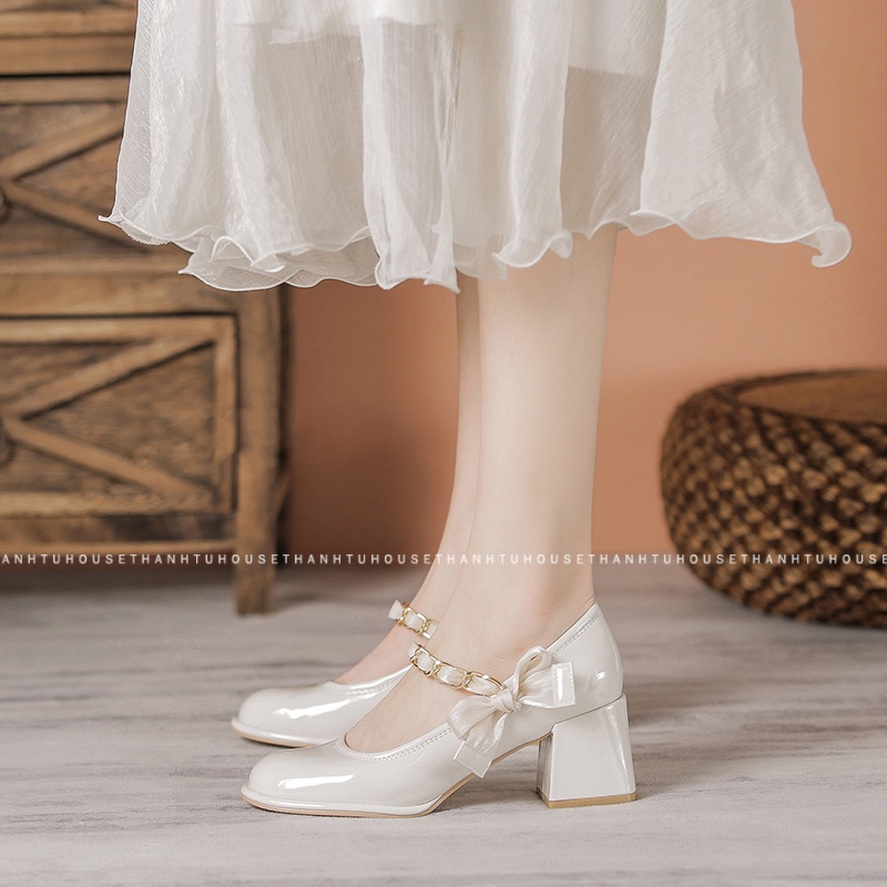 Giày Cao Gót Nữ Mary Jane Da Bóng Phối Nơ Lụa Quai Xích Sang Trọng - GD018
