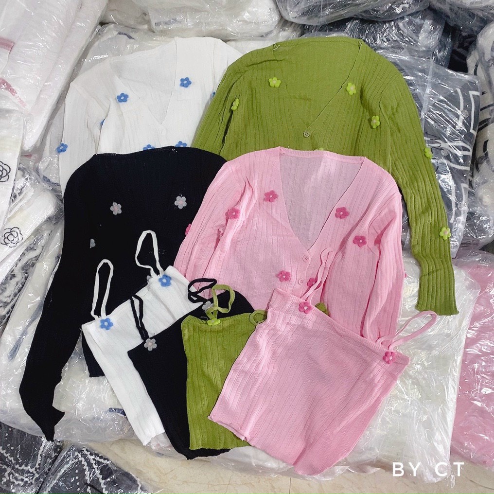 Set cardigan áo 2 dây hoa gắn nổi cực xinh