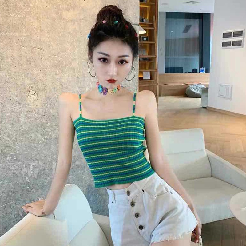 Brroa Áo Hai Dây Dệt Kim Ôm Dáng Họa Tiết Kẻ Sọc Màu Tương Phản Phong Cách Hàn Quốc Cho Nữ