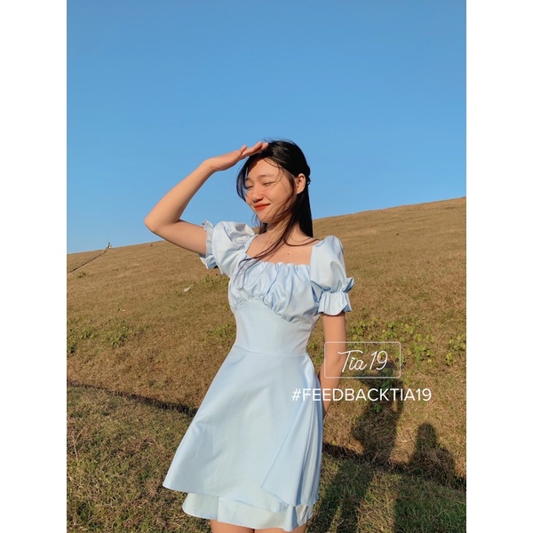 Váy babydoll cổ vuông tầng xếp ly Tia19. Đầm trễ vai ulzzang dáng xoè