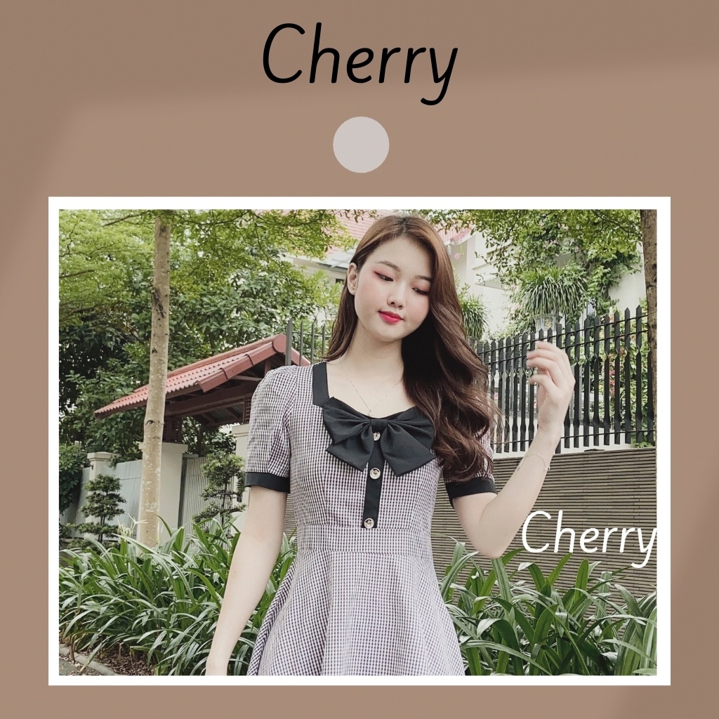 Đầm công sở kẻ caro nhỏ thắt nơ, váy vintage dáng xòe xinh đẹp, ngắn tay xinh xắn phù hợp đi làm dự tiệc  Cherry - V038