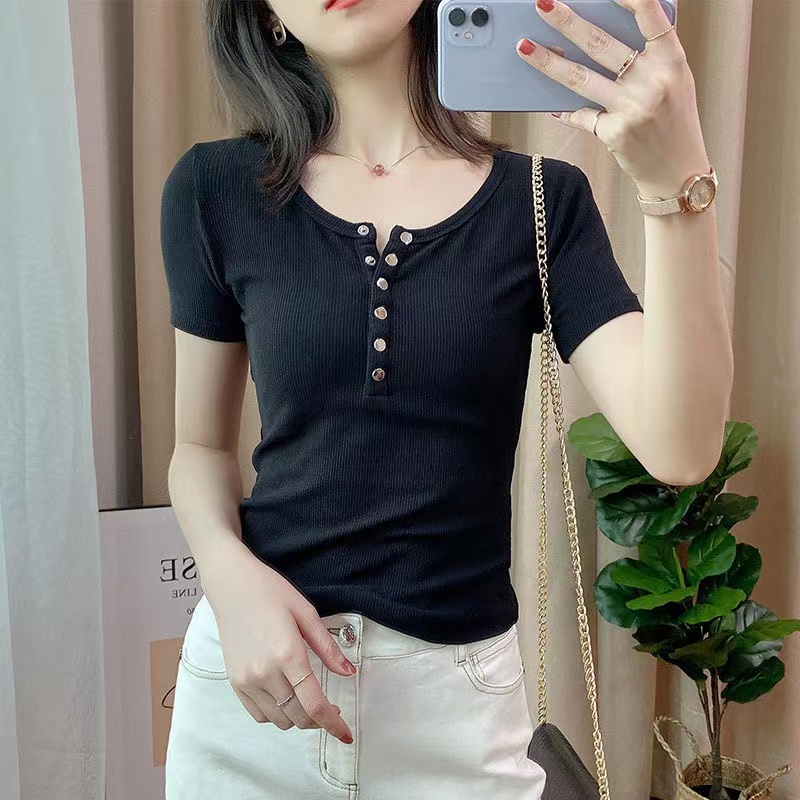Áo thun BH tay ngắn dáng ôm cài khuy màu sắc đơn giản trẻ trung hợp thời trang