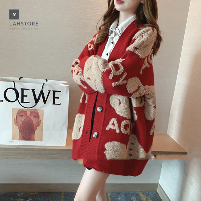 Áo len cardigan nữ form rộng in hình gấu LAHSTORE, chất liệu dày dặn, phong cách Hàn Quốc