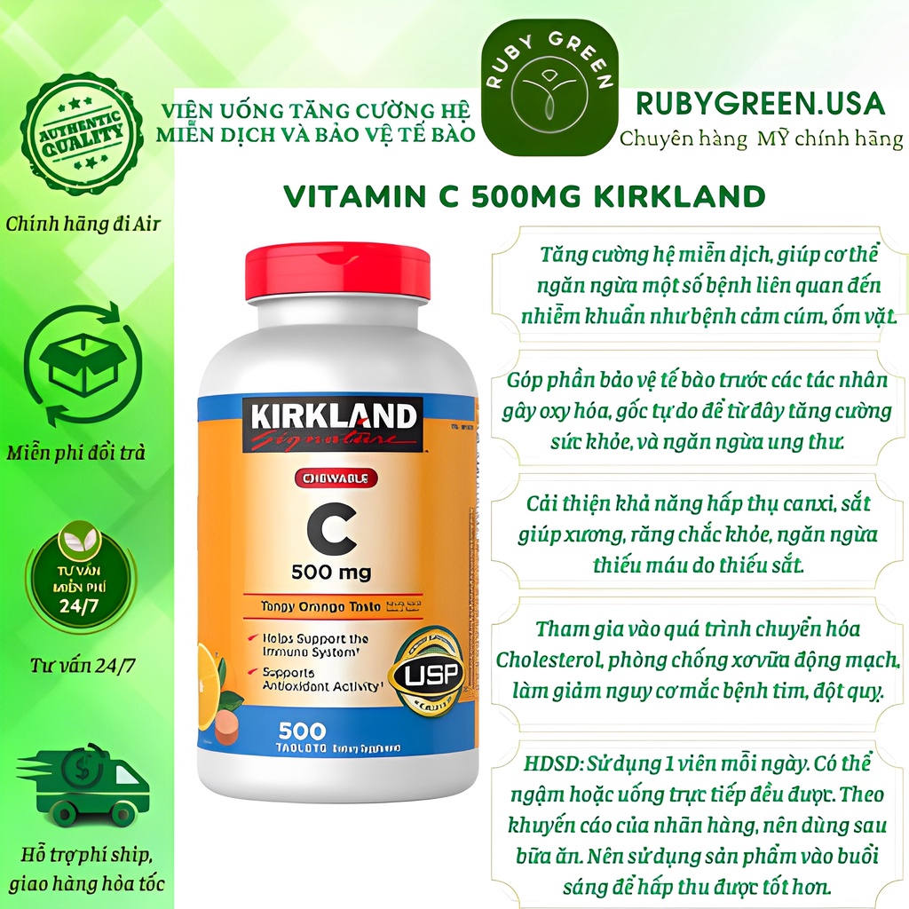 Viên Bổ Sung Kirkland Vitamin C 500mg, 1000mg 500 viên