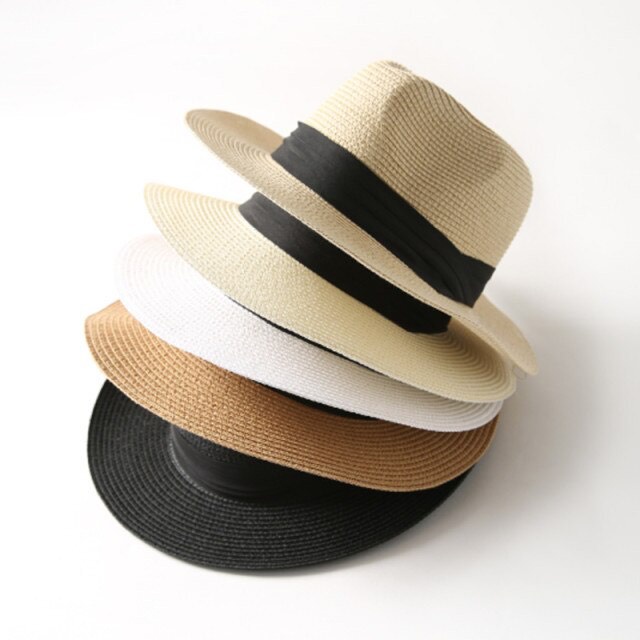 Mũ phớt cói Fedora vành rộng viền đen - phong cách Unisex - thời trang đi biển