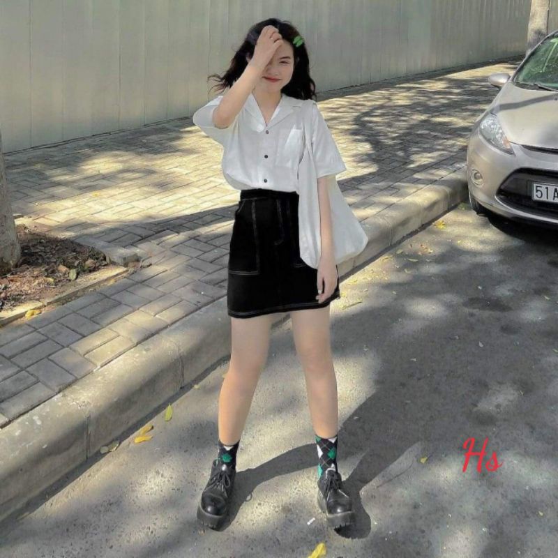 Set áo sơ mi trắng chân váy gân bò cực hot