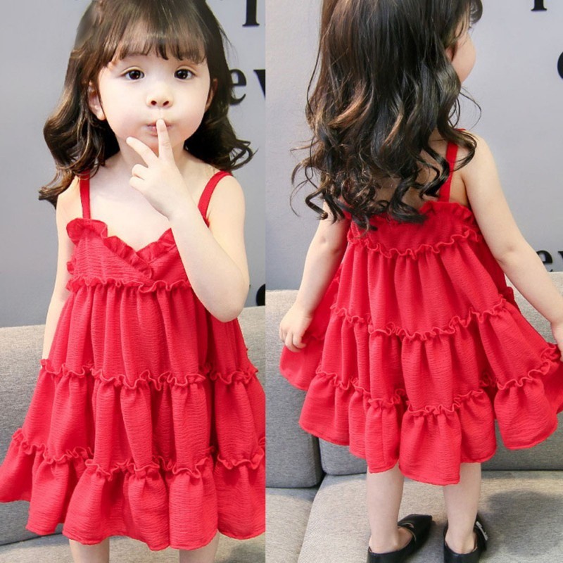 Đầm hai dây màu trơn xếp nếp đáng yêu cho bé gái