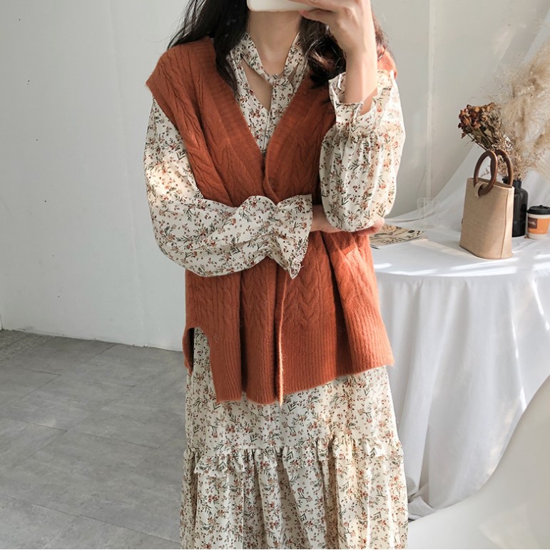 Gile Len | Áo Gile Len Dệt Kim Cổ V Dáng Rộng Ulzzang Kiểu Dáng Trẻ Trung, Hàng Quảng Châu | BigBuy360 - bigbuy360.vn