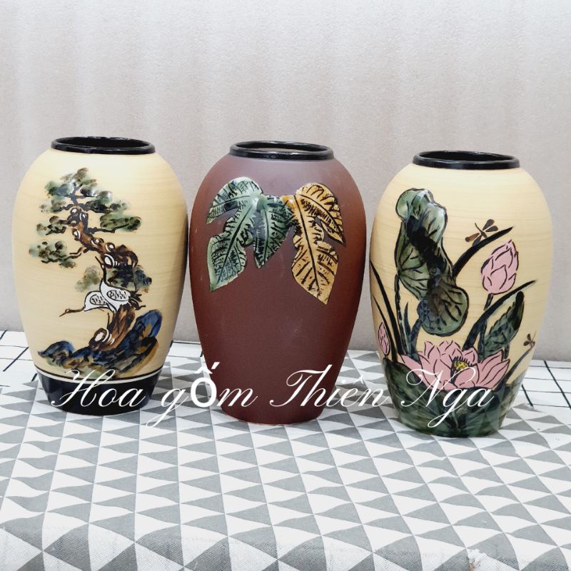 Bình cắm hoa gốm sứ - Bình, lọ cắm hoa gốm men khô Bát Tràng dáng vò cao 23cm