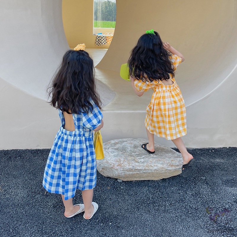 Đầm Cotton Ngắn Tay Họa Tiết Sọc Caro Thời Trang Mùa Hè Hàn Quốc Cho Trẻ Em