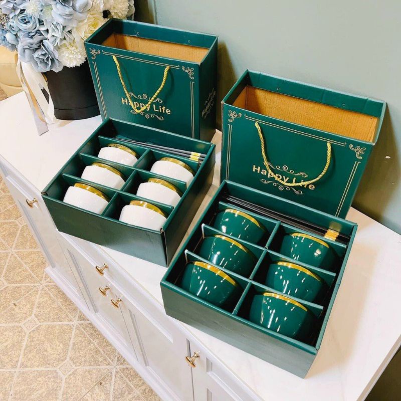 Bộ 6 cái chén bát ăn cơm kèm đũa kẻ vàng chuẩn châu Âu/ chén bát ăn cơm màu xanh cổ vịt/ chén bát sang trong