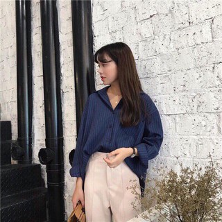 Sơ mi sọc nền xanh navy form oversize