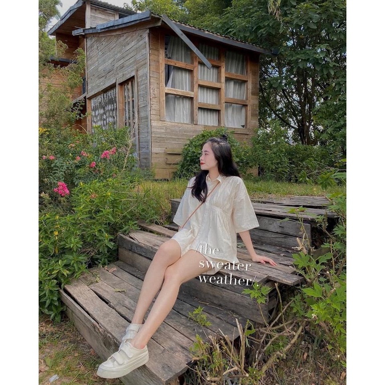 [SẴN] Áo sơ mi cộc tay vạt lệch nhún cách điệu chất đũi mát mẻ cực sịn màu trắng kem vintage(Ảnh thật) | BigBuy360 - bigbuy360.vn