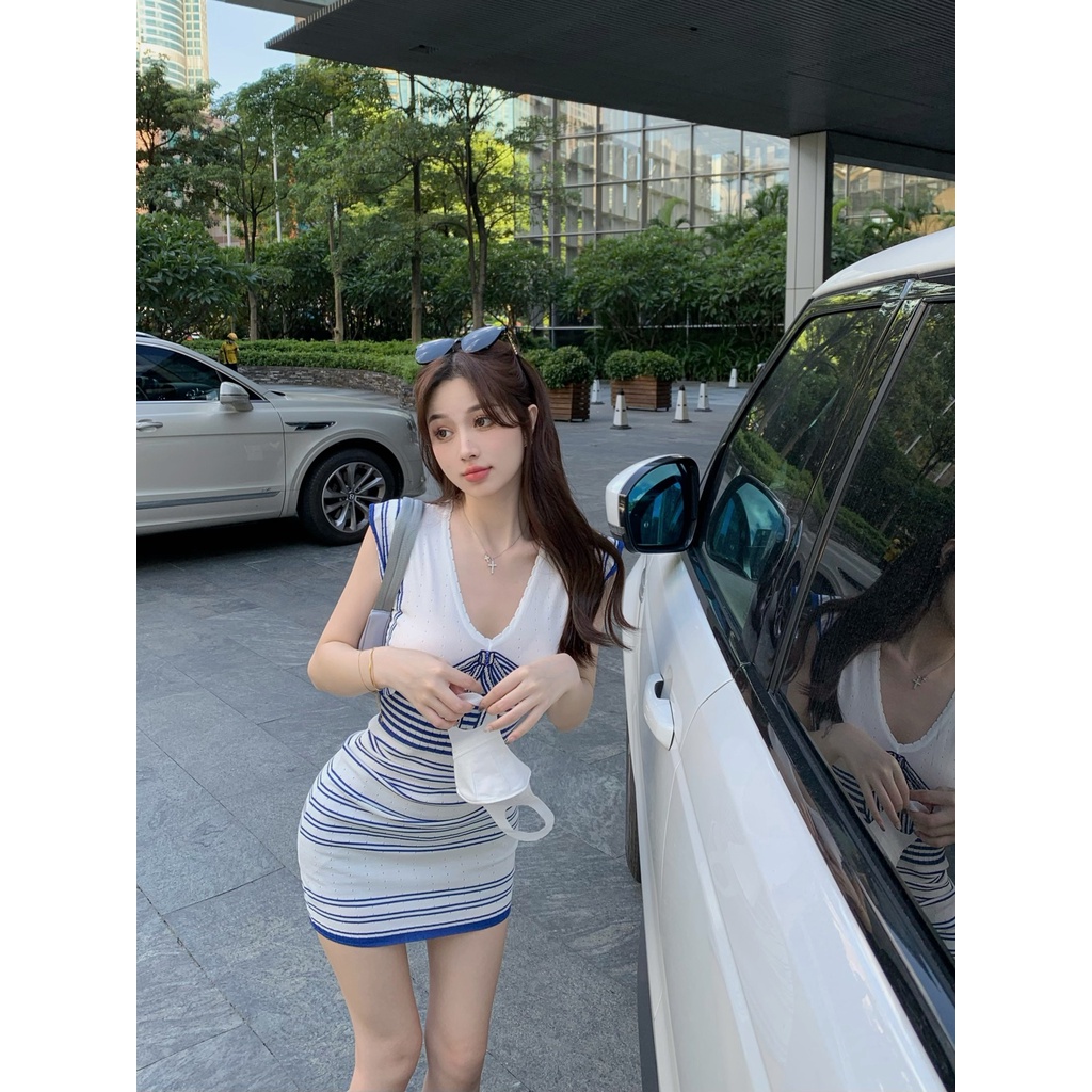 Cocory vn Đầm Dệt Kim Sát Nách Cổ Chữ V Kẻ Sọc Đính Nơ Thời Trang Quyến Rũ Cho Nữ