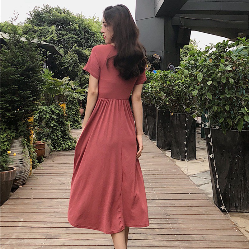 Đầm midi nữ dáng chữ A cổ V tay ngắn phong cách Hàn Quốc | BigBuy360 - bigbuy360.vn