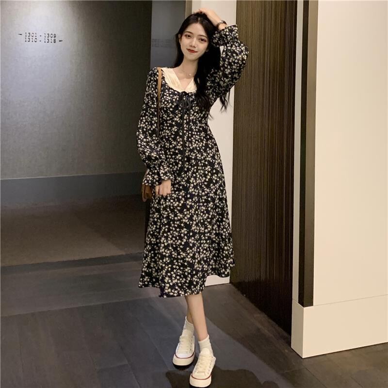 Đầm chữ a tay dài IELGY in họa tiết hoa phong cách vintage thời trang dành cho nữ