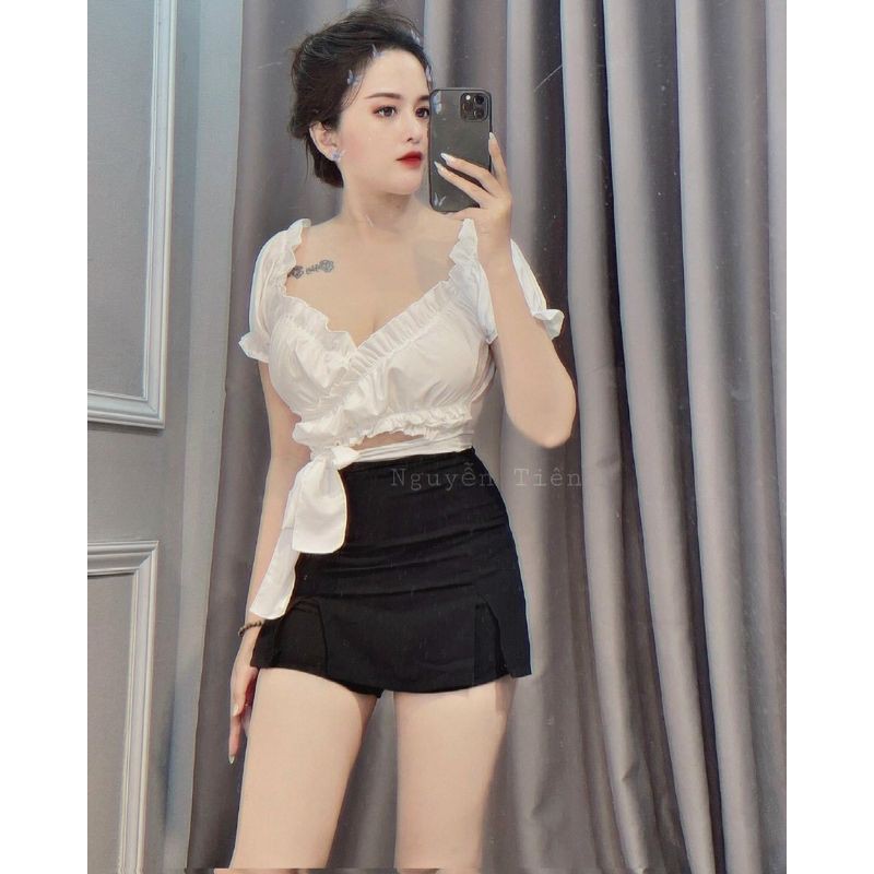 Áo kiểu nữ - áo trễ vai croptop tay ngắn đắp chéo hot trend mang được nhiều kiểu - AO04