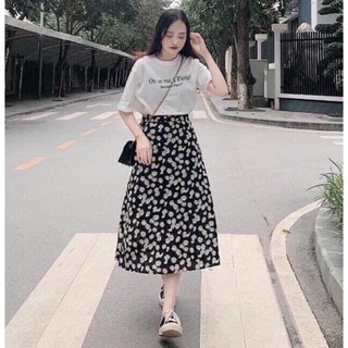Chân váy hoa cúc hottrend chất voan lụa dáng dài