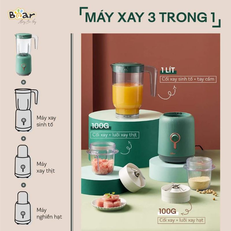 [Mã ELHA22 giảm 6% đơn 300K] MÁY XAY ĐA NĂNG 3 CỐI BEAR , BẢN QUỐC TẾ, BH 18 THÁNG