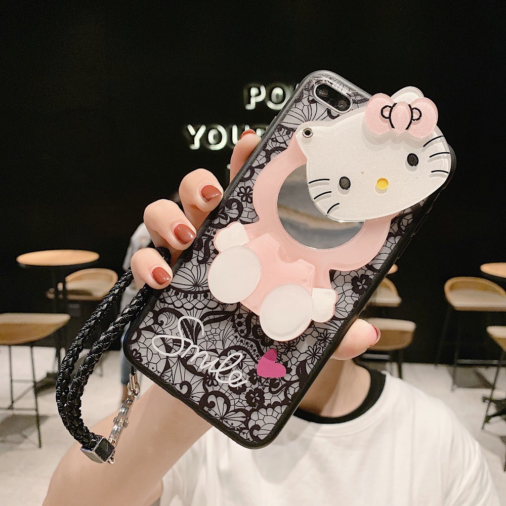Ốp lưng iPhone 12 mini 11 Pro X XS XR Max 6 6s 7 8 Plus SE 2020 3D Lace Cartoon Hello Kitty Hard Mirror Case