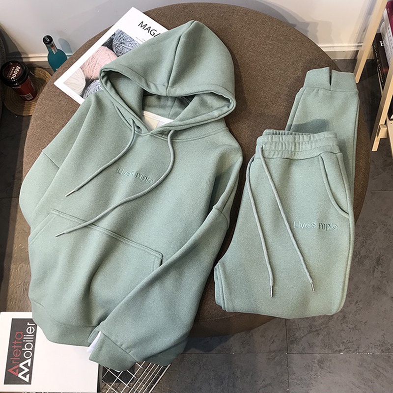 Bộ Nỉ Nữ Thu Đông Dài Tay Có Mũ Form Rộng Kèm Quần Dài Bo Gấu Ulzzang Thời Trang Sugal QA NU 023