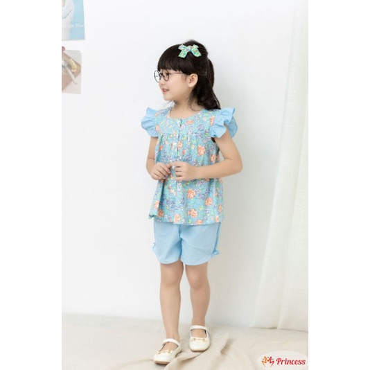 Bộ thô cho bé gái từ 8-21kg hoạ tiết hoa xanh mát