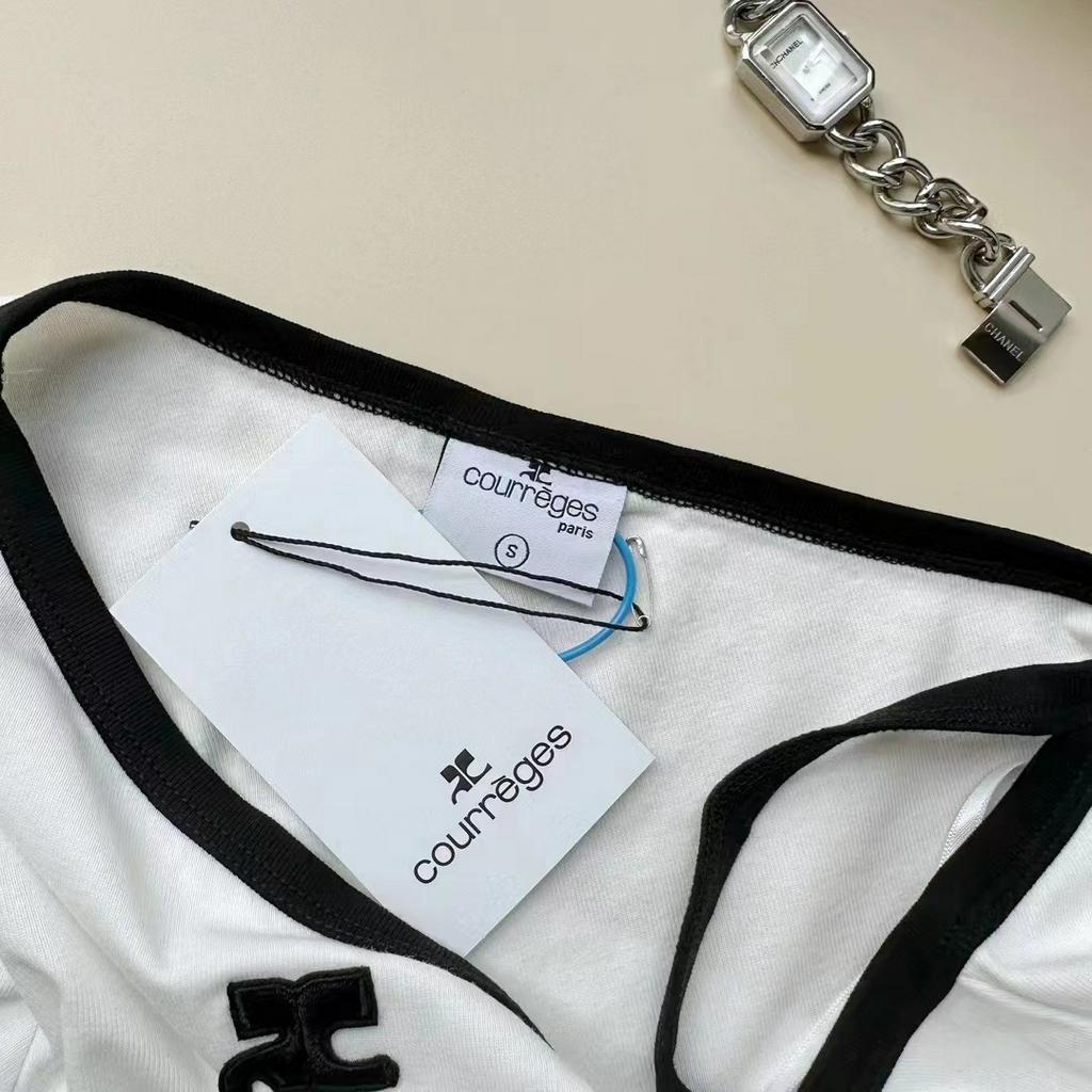 Courreges LE SSERAFIM Sakura Áo Thun Cotton Ngắn Tay Trễ Vai Thêu Họa Tiết Phong Cách Mỹ Cho Nữ