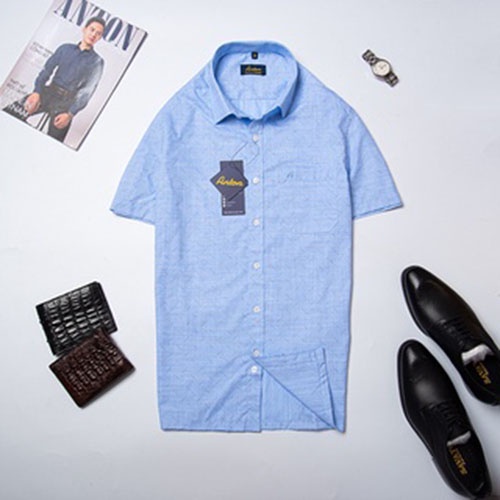 Áo Sơ Mi Nam Công Sở Trung Niên Anton Somianton Màu Xanh Dương Ngắn Tay Vải Sợi Cotton Kẻ Trắng – GD553