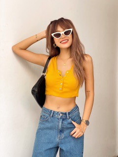Áo Croptop Sát Nách Cổ Xẻ V Nút Bấm ( Ảnh Thật )