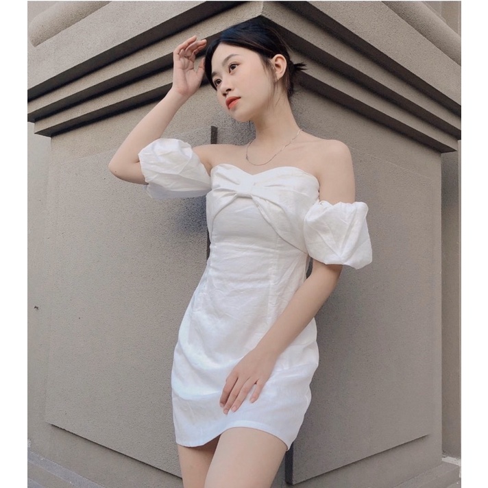 Đầm trắng cúp ngực hình nơ tay phồng - Miky Dress T153