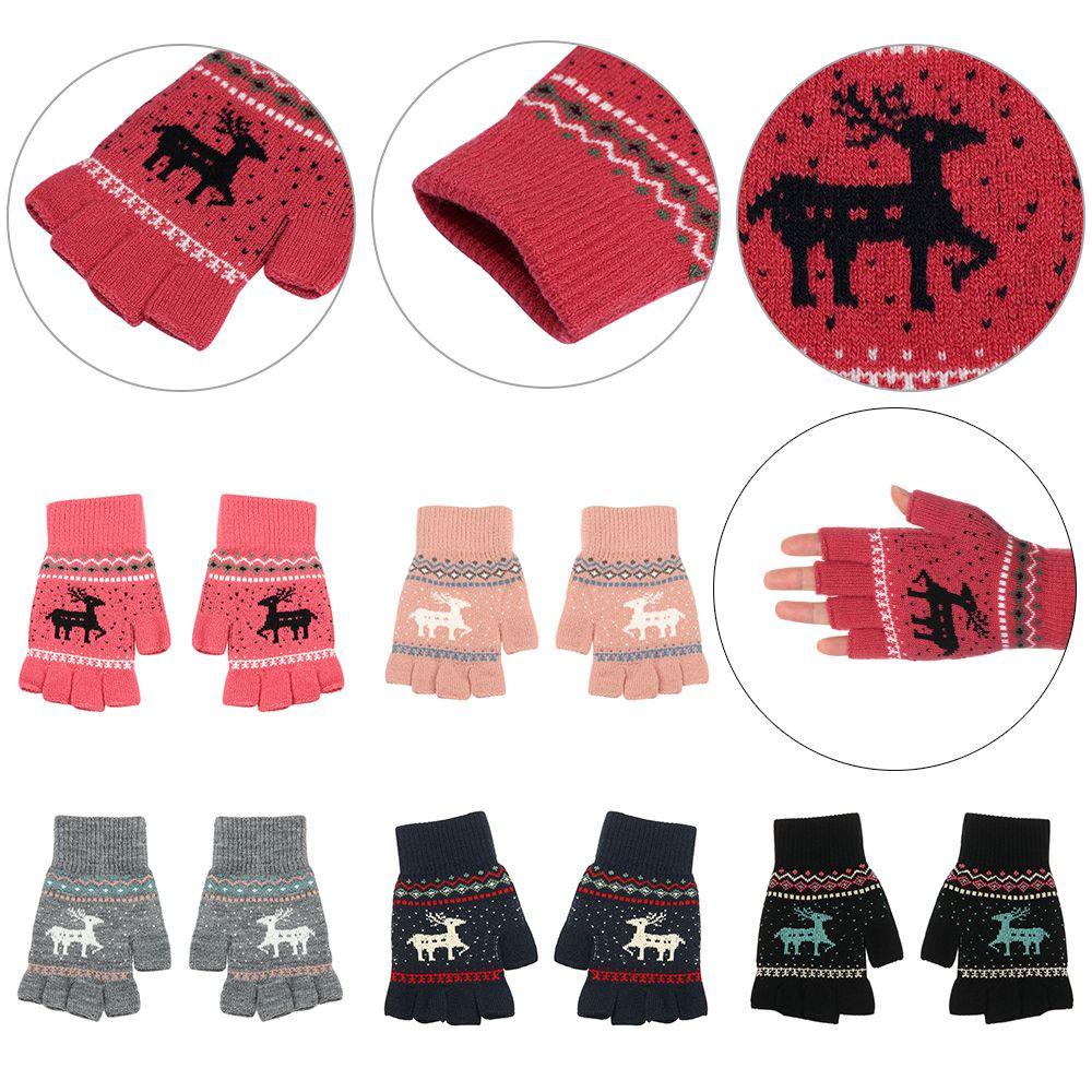 LET 1 Đôi Găng Tay Len Dệt Kim Hở Ngón Họa Tiết Hươu Hoạt Hình Có Thể Chạm Màn Hình Cảm