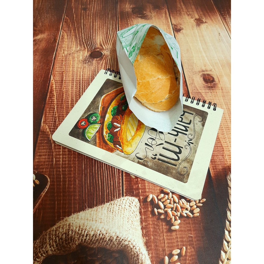 100 TÚI GIẤY ĐỰNG BÁNH MÌ THỊT HỌA TIẾT XANH (Giấy Thực Phẩm kraft ĐL 50gms, giấy khá dầy) | BigBuy360 - bigbuy360.vn