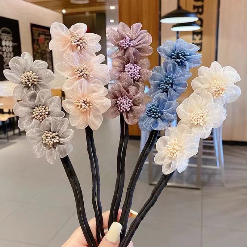 Thanh búi tóc hoa trà 3D phụ kiện buộc tóc nổi bật xinh đẹp