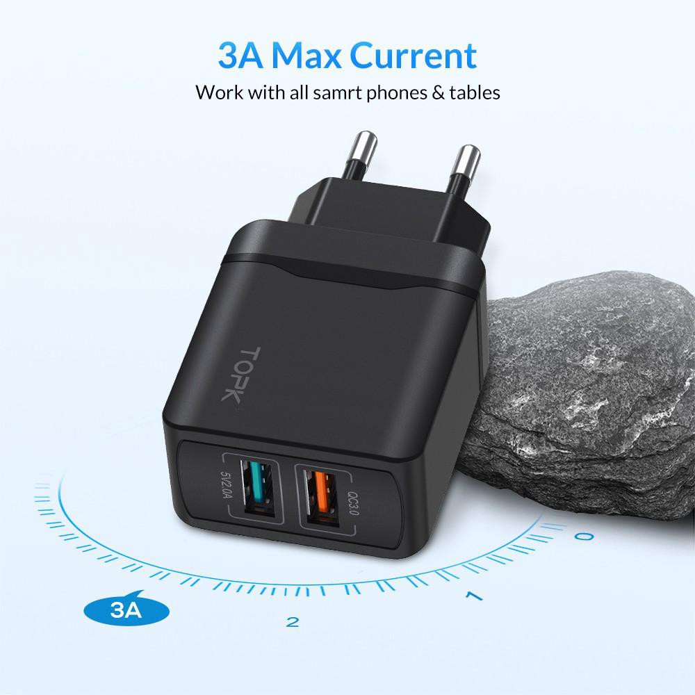 Củ Sạc TOPK B244Q Chia Hai Cổng Kết Nối USB Sạc Nhanh 28W QC 3.0 Đầu Cắm EU Chống Cháy Nổ