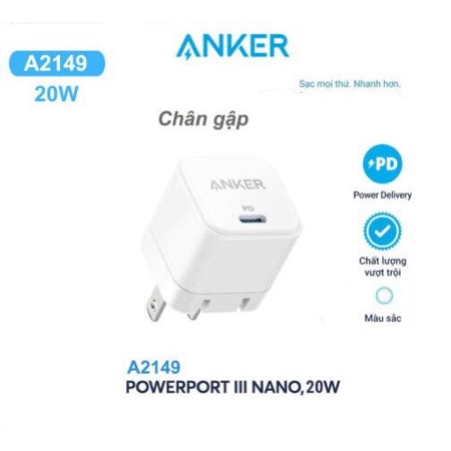 CHÍNH HÃNG [GIAO HÀNG NHANH] Củ sạc nhanh Anker A2149 PD 20w (chân gập)