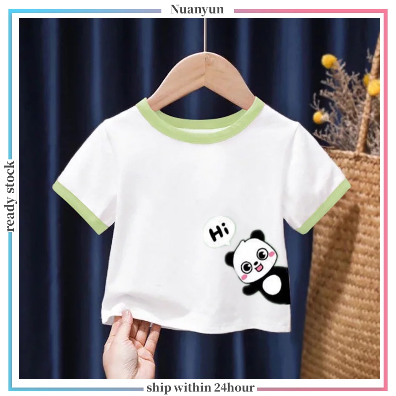 3-12Y Cartoon Print Two-color Kids T-Shirts Plus Size Boys Girls Short Sleeve Tops Cute Panda Print Soft Round Neck Kids TShirts