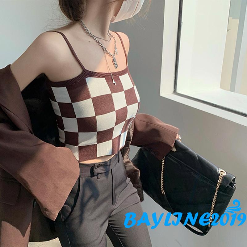 Áo lửng hai dây họa tiết kẻ ô vuông màu nâu/đen thời trang cho nữ