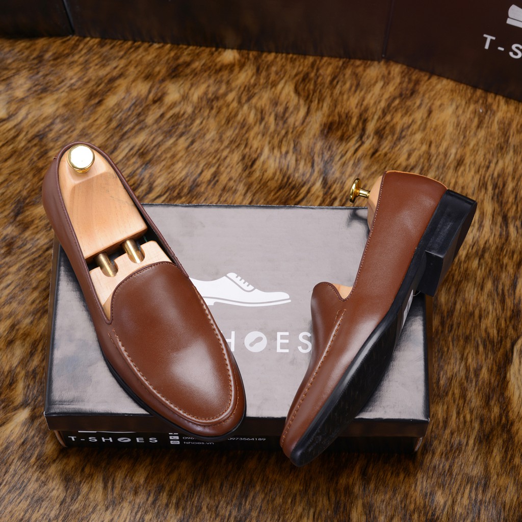 Giày nam Loafer trơn da bóng, mũi nhọn màu nâu