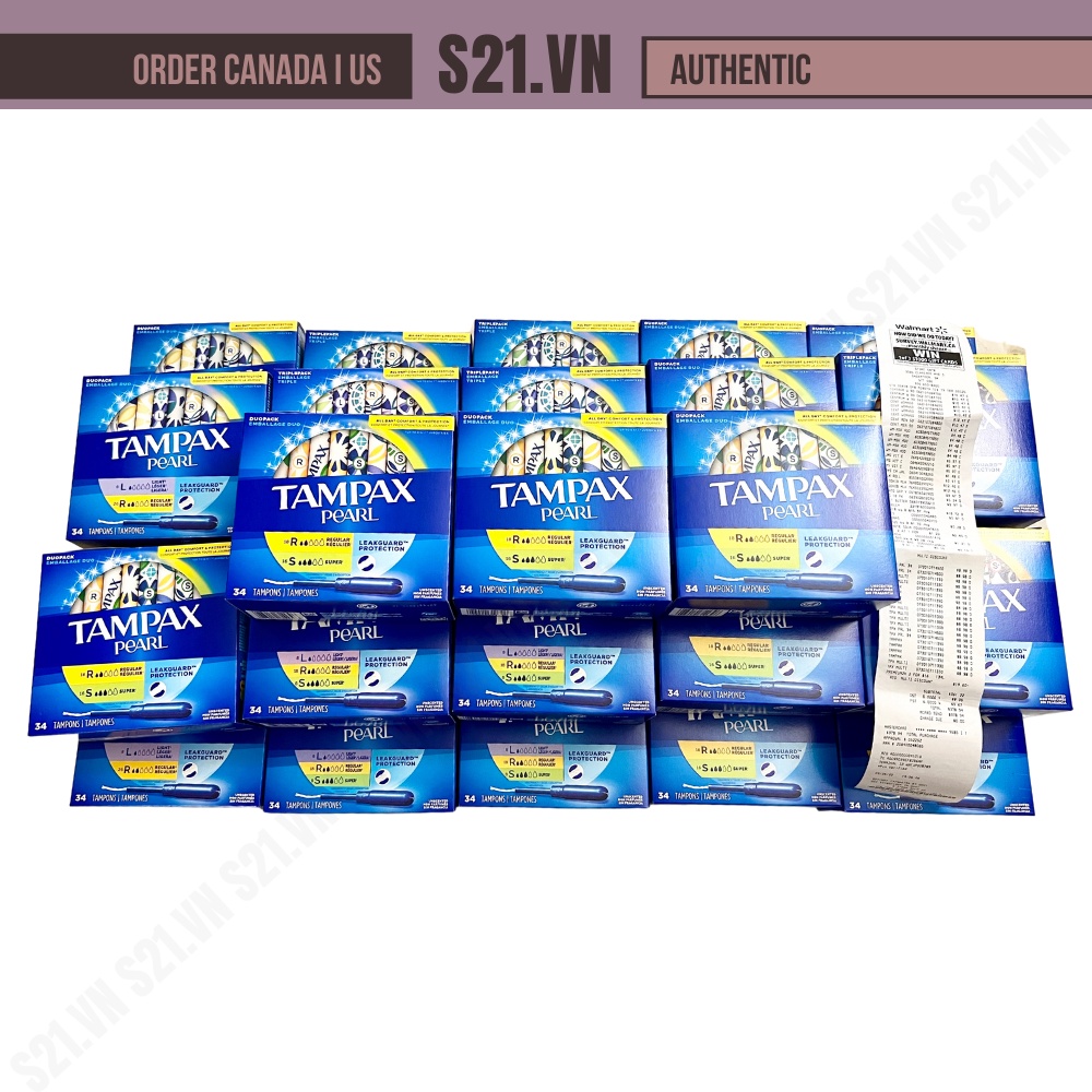 Băng Vệ Sinh Tampon Dạng Que Có Ống Đẩy Mix Loại Tampax Pearl Leakguard Protection Triplepack Không Mùi 34 Cái
