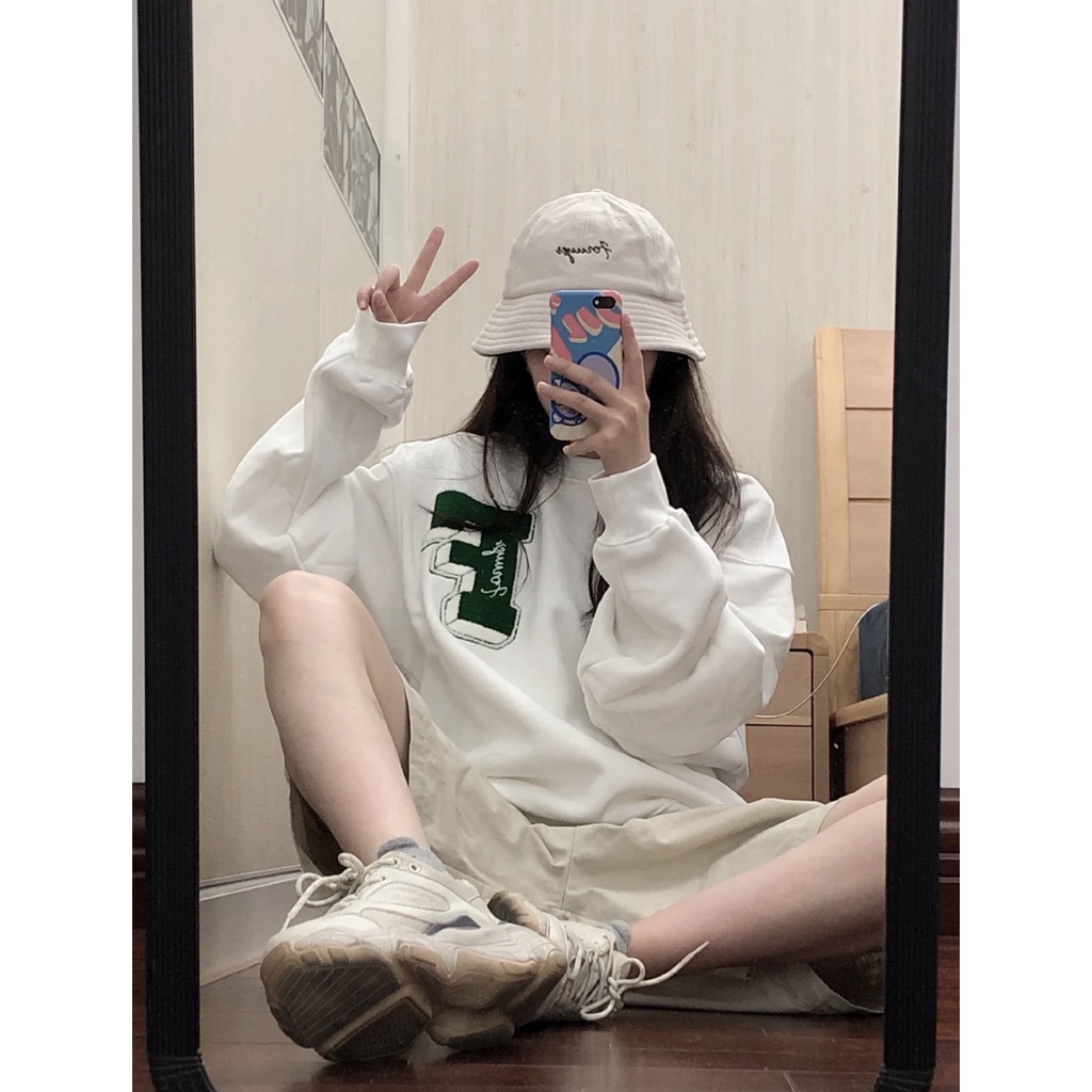 Porozi  Áo sweatshirt cổ tròn họa tiết chữ phong cách Hàn Quốc cho nữ