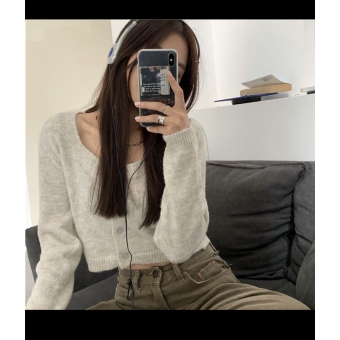 Áo len cardigan nữ cổ vuông dáng croptop