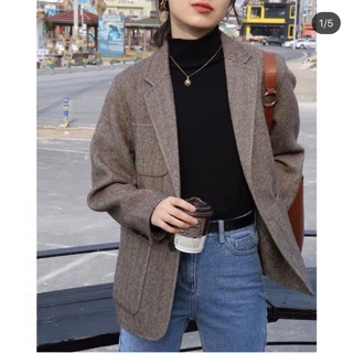 Áo blazer nâu 2 lớp form đứng style Hàn Quốc