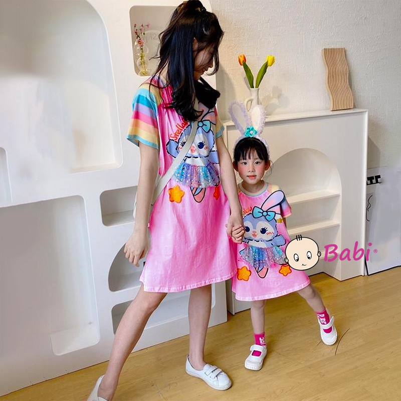 Đầm Thun Suông Cho Bé Gái Ngắn Tay In Thỏ Xinh Xắn, Váy Đầm Đôi Dành Cho Mẹ Và Bé Gái (11-55kg)