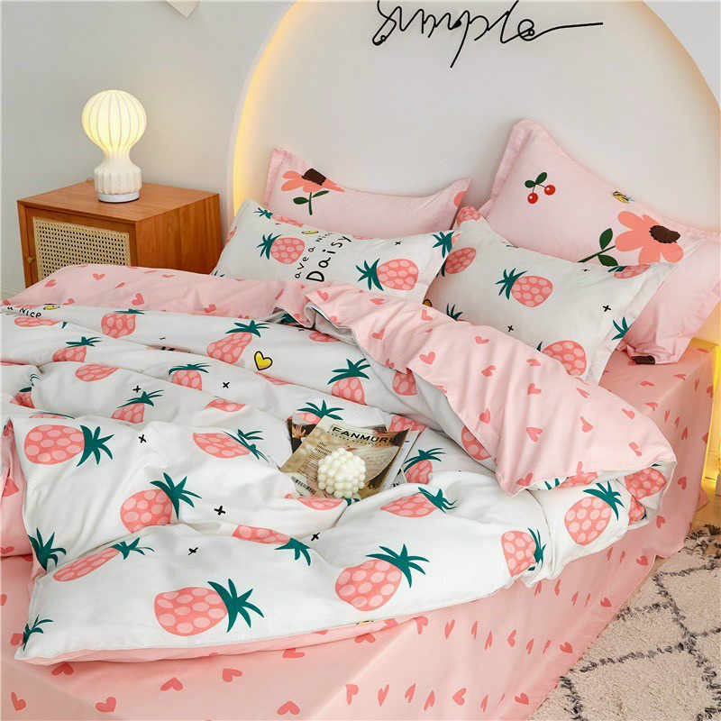 Bộ chăn ga gối poly cotton HQ Quả dứa, quả thơm đáng yêu nhập khẩu cao cấp - Bo chun ga miễn phí