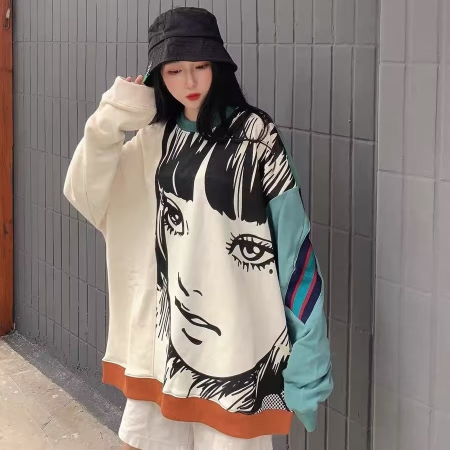 Áo sweater Tay Dài Dáng Rộng In Họa Tiết Hoạt Hình Phong Cách Đường Phố