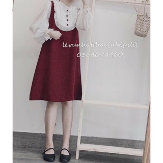 Váy đỏ da lộn xòe nút bọc phối tơ mềm cổ bèo