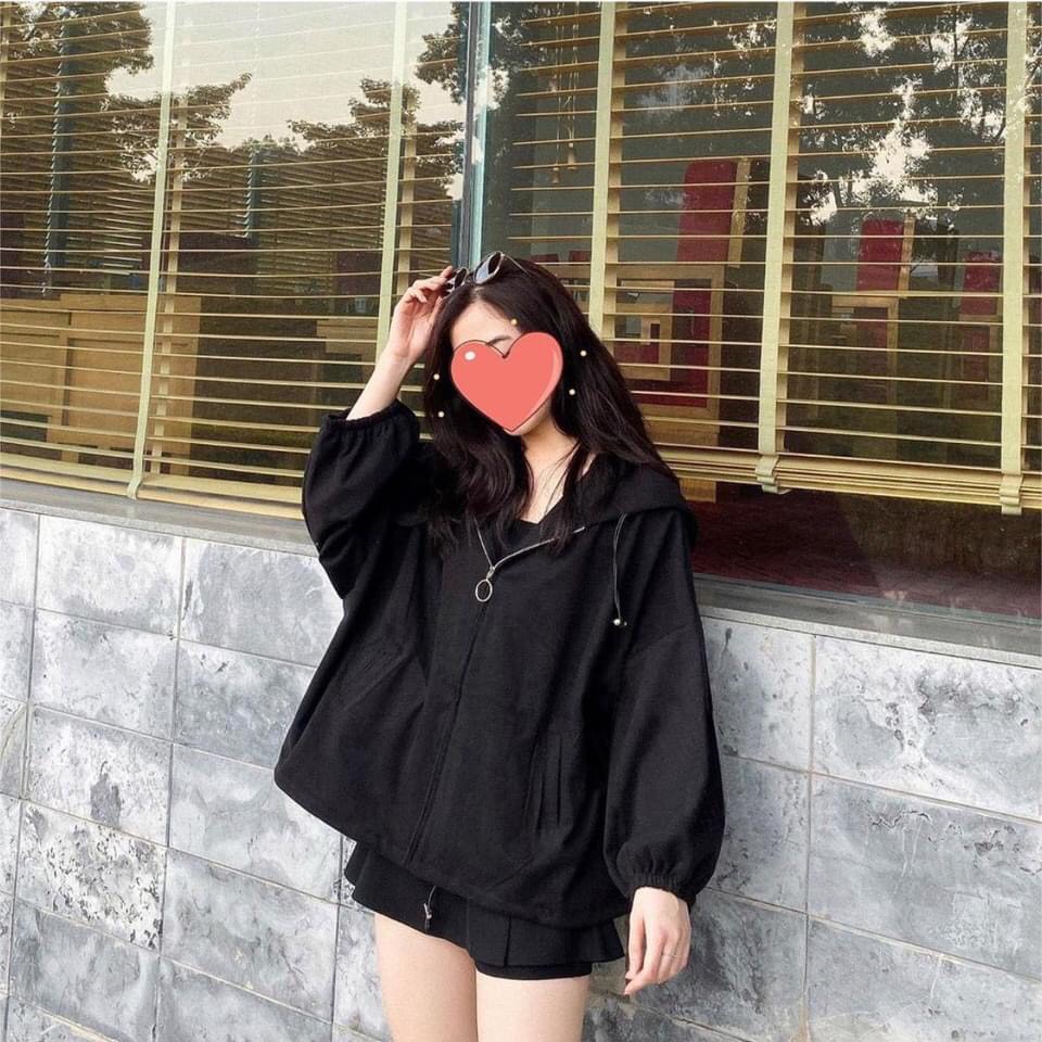 Áo Hoodie Kéo Khóa Rút Dây Màu Đen Basic Chất nỉ bông