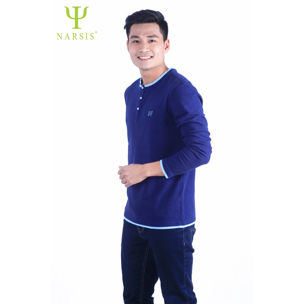 Áo thu đông Nam Narsis D7069 màu xanh tìm than phối xanh ngọc cổ tròn bo nẹp